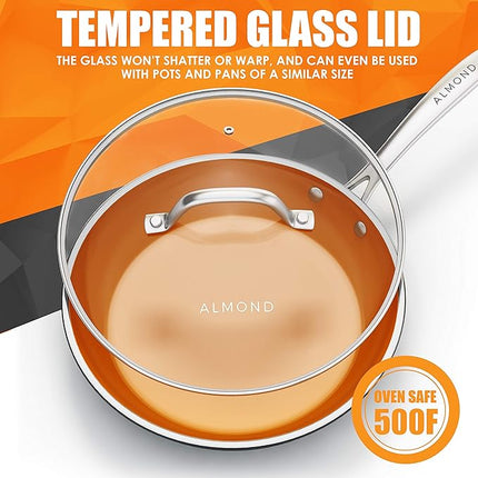 Nonstick Ceramic Copper Frying Pan: Non Stick 8 Inches Skillet With Glass Lid - Round Aluminum Saute Pan for Gas, Electric and Induction Cooktops (8 Inch)