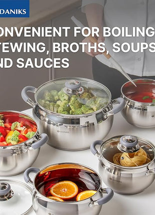Daniks Modern 11-Piece Stainless Steel Induction Cookware Set – Dishwasher Safe Saucepan, Pots with Heatproof Handles, Glass Lids, Frying Pan with Lid, Silver