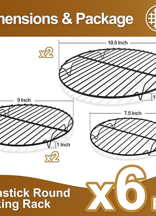 P&P CHEF Round Cooling Rack Set, Round Wire Racks for Cooking Baking, Fit Air Fryer & Oven, Stainless Steel Core with Nonstick Coatings, Black, 6 PCS - 7.5 & 9 & 10.5 Inch