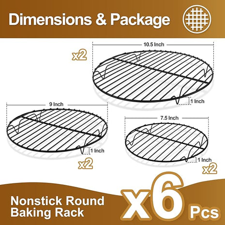 P&P CHEF Round Cooling Rack Set, Round Wire Racks for Cooking Baking, Fit Air Fryer & Oven, Stainless Steel Core with Nonstick Coatings, Black, 6 PCS - 7.5 & 9 & 10.5 Inch
