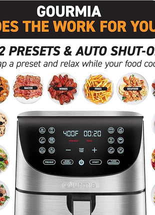 Gourmia Air Fryer Oven Digital Display 7 Quart Large AirFryer Cooker 12 Touch Cooking Presets, XL Air Fryer Basket 1700w Power Multifunction GAF778 Black and stainless steel air fryer FryForce 360°