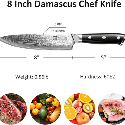 PAUDIN Damascus Chef Knife, 8 Inch Kitchen Knife, 67 Layers Damascus Steel Knife Japanese VG10 Core, Professional Chefs Knife with Ergonomic G10 Handle