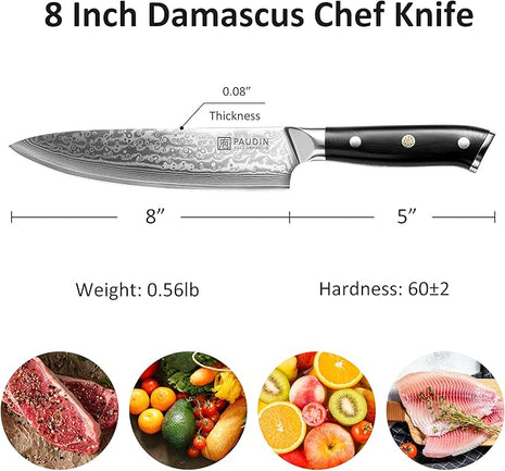 PAUDIN Damascus Chef Knife, 8 Inch Kitchen Knife, 67 Layers Damascus Steel Knife Japanese VG10 Core, Professional Chefs Knife with Ergonomic G10 Handle