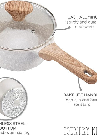 Country Kitchen Non-Stick Cast Aluminum Cookware Set - Durable Kitchen Cookware for Everyday Cooking, Speckled Cream, 6 Pc.