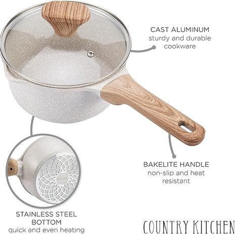 Country Kitchen Non-Stick Cast Aluminum Cookware Set - Durable Kitchen Cookware for Everyday Cooking, Speckled Cream, 6 Pc.