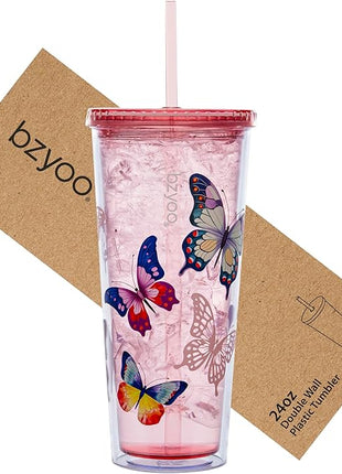bzyoo Double Wall Tumbler with Straw and Lid Bottle Cold Drink Travel Mug Cup, 24oz (Butterfly Pink)