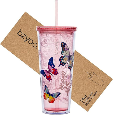 bzyoo Double Wall Tumbler with Straw and Lid Bottle Cold Drink Travel Mug Cup, 24oz (Butterfly Pink)