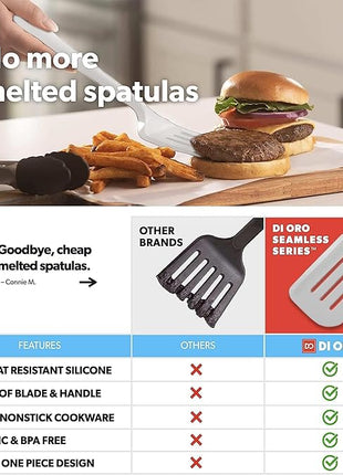 New DI ORO Seamless Series Moda 4-Piece Silicone Turner Spatula Set - 600°F Heat-Resistant Flexible Kitchen Spatulas for Nonstick Cookware - Flippers for Eggs & Pancakes - Utensils for Cooking (Stone)