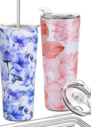 THILY Stainless Steel Vacuum Insulated Tumbler 26 oz Triple-Insulated Travel Mug with Splash-Proof Lid, for Iced Coffee and Hot Beverage, Iridaceae + Red Lotus