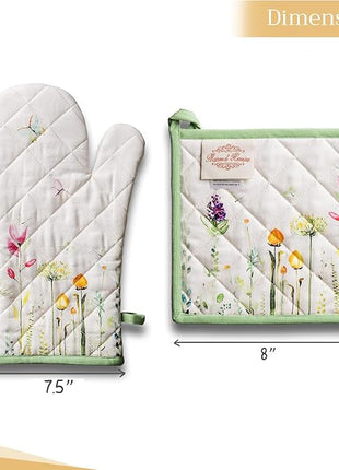 Maison d' Hermine 100% Cotton Oven Mitt & Pot Holder Set (7.5"x13" & 8"x8") Heat Resistant BBQ Cooking Gloves with Loop, Baking, Grilling, Kitchen, Handling Hot Pans Spring/Summer (Botanical Fresh)