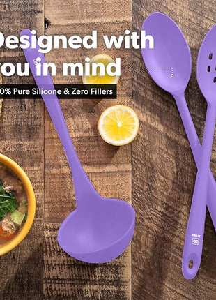 DI ORO Silicone Ladle & Spoons for Cooking – Large Kitchen Spoons for Mixing, Serving & Stirring - Soup Ladle with Wide Bowl - High Heat Silicone Kitchen Utensils for Nonstick Cookware Safe (Lavender)