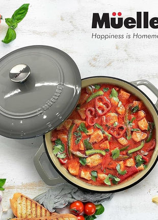 MUELLER HOME 4.5 QT Enameled Cast Iron Dutch Oven, Heavy-Duty Casserole Dish and Braiser Pan with Lid and Stainless Knob, Oven-Safe up to 500° F & Across All Cooktops, Grey