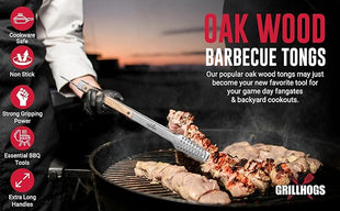 12" Tongs 18/0 Stainless Steel BBQ Grill Tongs with Ergonomic Real Oak Wood Handle for Cooking - Durable Grilling Accessory, Tongs for Cooking & Kitchen, Outdoor Barbecue, Easy to Clean