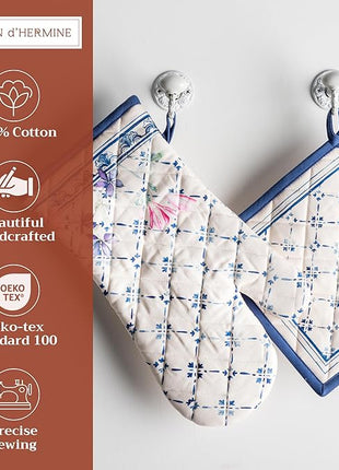 Maison d' Hermine 100% Cotton Oven Mitt & Pot Holder Set (7.5"x13" & 8"x8") Heat Resistant BBQ Cooking Gloves with Loop, Baking, Grilling, Kitchen, Handling Hot Pans Spring/Summer (Faience)