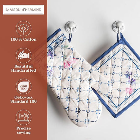 Maison d' Hermine 100% Cotton Oven Mitt & Pot Holder Set (7.5"x13" & 8"x8") Heat Resistant BBQ Cooking Gloves with Loop, Baking, Grilling, Kitchen, Handling Hot Pans Spring/Summer (Faience)