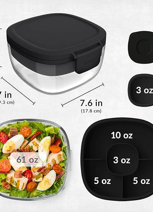 Bentgo Glass All-in-One Salad Container - Large 61-oz Salad Bowl with Lid, 4-Compartment Bento-Style Tray, 3-oz Sauce Container, and Reusable Fork - Dishwasher, Microwave, and Oven Safe (Black Onyx)