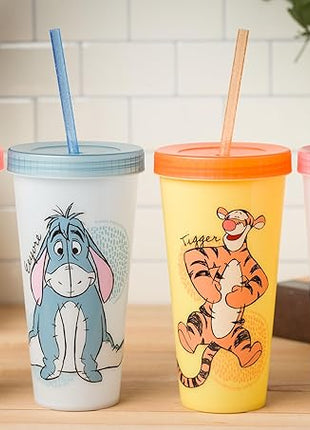 Silver Buffalo Disney Winnie the Pooh 4 Pack Color Changing Plastic Tumblers Featuring Eeyore, Winnie the Pooh, Tigger, and Piglet, 24 Ounces