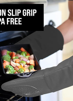 BPA-Free Soft Silicone Oven Mitts - Ultra Heat Resistant Oven Mitts with Thick Cotton Liner - Long Slip Resistant Pot Holders, Flexible Oven Gloves - Gray 13.7"