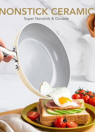 MICHELANGELO Non Stick Frying Pans - 10 Inch Frying Pan Nonstick with Lid, Nonstick Skillet with Lid, Non Toxic Frying Pan, Ceramic-Coated, Beige