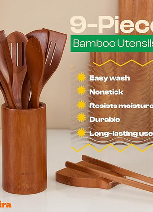 Riveira Premium Brown Bamboo Wooden Spoons for Cooking Set of 9 – Premium Brown Bamboo Wooden Cooking Utensils, Wooden Spatula, Wooden Spoon - Premium Quality Wooden Utensil Set for Non-Toxic Cooking