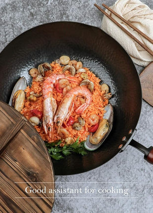 BIELMEIER 12.5" Wok Pan- Woks and Stir Fry Pans, Carbon Steel Wok, Flat Bottom Wok with Lid Suits for all Stoves