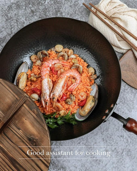 BIELMEIER Wok Pan 12.5", Woks and Stir Fry Pans with lid, Carbon Steel Wok with Cookware Accessories, Flat Bottom Suits for all Stoves