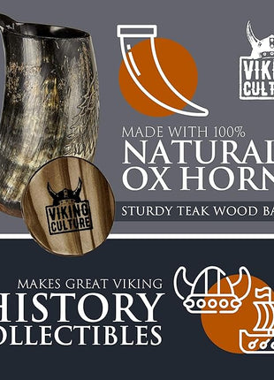 Viking Culture Ox Horn Mug, Shot Glass, and Bottle Opener (3 Pc. Set) Authentic 16-oz. Ale, Mead, and Beer Tankard | Vintage Stein with Handle | Custom Intricate Design - Natural Finish | Thors Hammer