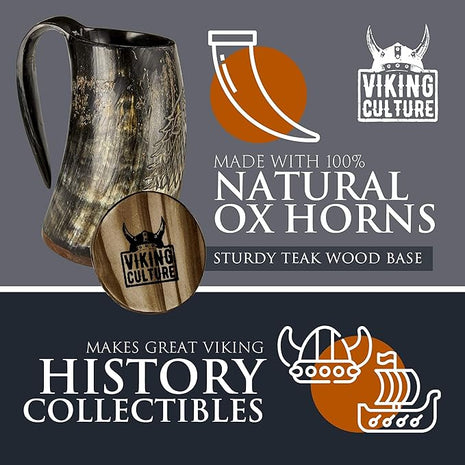 Viking Culture Ox Horn Mug, Shot Glass, and Bottle Opener (3 Pc. Set) Authentic 16-oz. Ale, Mead, and Beer Tankard | Vintage Stein with Handle | Custom Intricate Design - Natural Finish | The Ring