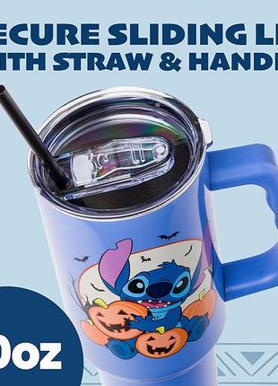 Silver Buffalo Disney Lilo and Stitch Halloween Spooky Pumpkin Jack-O-Lantern Stainless Steel Tumbler with Handle and Straw, Fits in Standard Cup Holder, 40 Ounces
