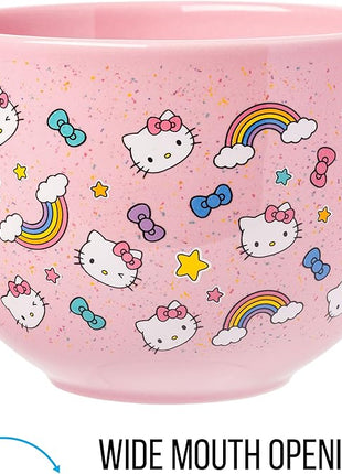 Silver Buffalo Sanrio Hello Kitty Bows Stars Rainbow Pattern Ceramic Ramen Noodle Rice Bowl with Chopsticks, Microwave Safe, 20 Ounces