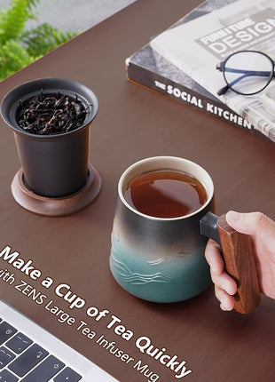 ZENS Embossed Ceramic Tea Mug with Infuser and Lid, 14.5 oz Wooden Handle, Loose Leaf Tea Steeper Cup & Strainer for Tea Lovers Gifts