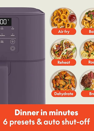 bella 6 Qt Slim Air Fryer, Fits-anywhere™ Kitchenware, EverGood™ Ceramic Nonstick Coating, Adjustable Temperature, 6 Preset Cooking Options, 60 Min Auto Shutoff w Audible Tone, 5lb Capacity, Plum