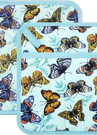 Pot Holders Set of 2 Heat Resistant 480℉ Kitchen 100% Cotton Comfortable Lining Printing Butterfly Flower Women Men Home Cooking Baking Microwave BBQ Gift (Butterfly potholders)