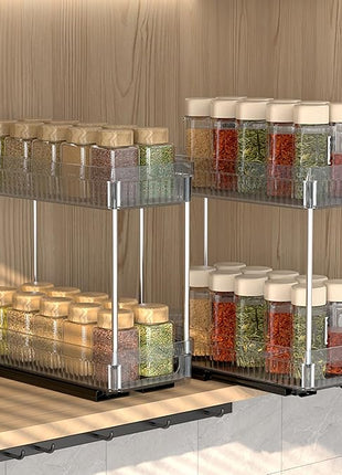 2 Pack Pull Out Spice Rack Organizer for Cabinet, 2 Tier Slide Out Spice Racks Organizer, Spice Cabinet Organizers, Cabinet Size Need:12'' High x 11'' Deep x 5'' Wide, Clear Acrylic
