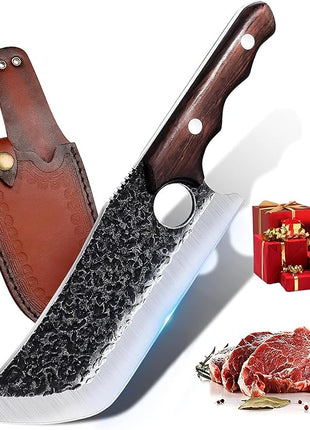 Hand Forged Meat Cleaver Knife Fathers Butcher Knives for Meat Cutting Full Tang Chef Knife with Belt Sheath and Gift Box High Carbon Steel for Kitchen or Camping, Gift for Dad