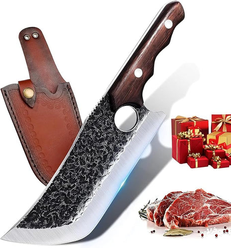 Hand Forged Meat Cleaver Knife Fathers Butcher Knives for Meat Cutting Full Tang Chef Knife with Belt Sheath and Gift Box High Carbon Steel for Kitchen or Camping, Gift for Dad