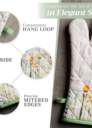Maison d' Hermine Oven Gloves 100% Cotton Oven Mitt 7" x 13" with Loop Heat Resistant, BBQ, Cooking Gloves, Baking, Grilling, Kitchen, Handling Hot Pans Spring/Summer (Pack of 1, Botanical Fresh)