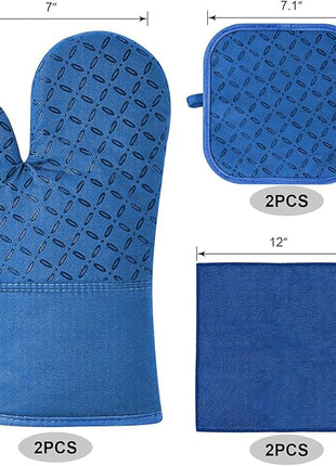 KEGOUU Oven Mitts and Pot Holders 6pcs Set, Kitchen Oven Glove High Heat Resistant 500 Degree Extra Long Oven Mitts and Potholder with Non-Slip Silicone Surface for Cooking (Royal Blue)