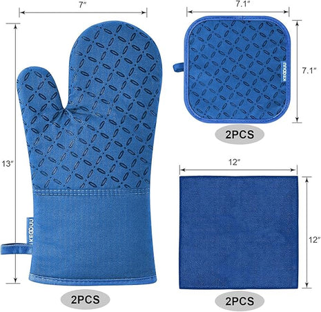 KEGOUU Oven Mitts and Pot Holders 6pcs Set, Kitchen Oven Glove High Heat Resistant 500 Degree Extra Long Oven Mitts and Potholder with Non-Slip Silicone Surface for Cooking (Royal Blue)