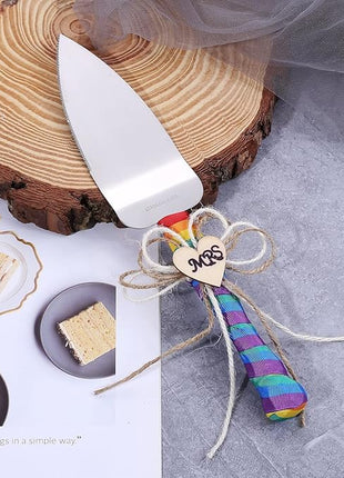 TANG SONG Set of 2 Mrs & Mrs Rainbow Gay Pride Flag LGBT Wedding Cake Knife and Serving Set with Rainbow Silk Ribbon and Heart Shaped Wood Tag Design Wedding Cake Knife (Set of 2)