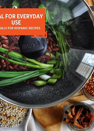 IMUSA 3.5qt Fuzion Cast Aluminum Bronze Speckled Nonstick Caldero with Glass Lid, Black - 24cm