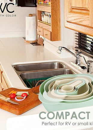 COOK WITH COLOR Nesting Bowls with Measuring Cups Colander and Sifter Set - Includes Mixing Bowls, Colander, Sifter and Measuring Cups, Mint, 8 Pc Bowl