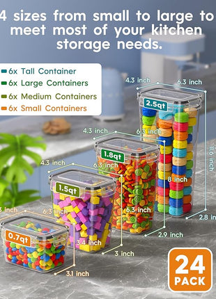 Airtight Food Storage Containers with Lids, 24 PCS Kitchen and Pantry Organization Canisters, BPA-Free, PVC-Free, Food-grade Plastic Leak-proof Jars for Cereal, Flour, Sugar, Extra 24 Labels & Marker