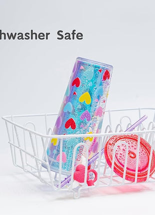 bzyoo 24 oz SIP Tumbler with Heart-Shaped w/Wing Straw Cap Cover – Cute Heart Design Iridescent Tumbler, BPA-Free Cup with Lid and Straw, Perfect for Iced Coffee, Tea, Party and Gift