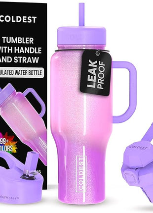 Coldest Tumbler with Handle and Straw, 100% Leak Proof Insulated Tumbler with Lid and Straw (3 Lids), Stainless Steel Tumblers for Women & Men, Cup Holder Friendly, 36 oz (Popsicle Dream)