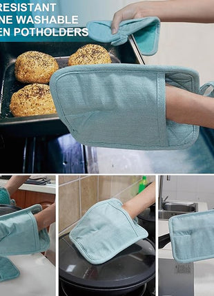 Pot Holders Yarn-Dyed Set of 3 Non Slip Silicone Kitchen Lines Heat Resistant 500℉ Kitchen Gloves BBQ Cooking Baking Cooking Barbecue Microwave Machine Washable (Light Blue Potholders)
