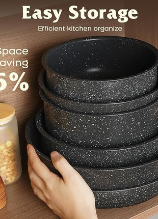 17 Pcs Pots and Pans Set Non Stick, Cookware Sets with Detachable Handle, Nonstick RV Kitchen Cooking Tools Removable Handles, Oven Safe, Induction Fast, Stackable Induction Cookware, Black