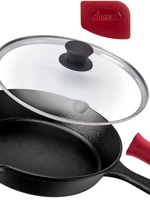 Cuisinel Pre-Seasoned Cast Iron Skillet (10-Inch) with Glass Lid and Handle Cover Oven Safe Cookware - Heat-Resistant Holder - Indoor and Outdoor Use - Grill, Stovetop, Induction Safe