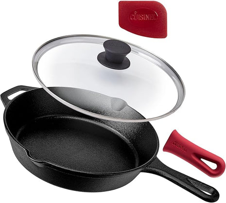 Cuisinel Pre-Seasoned Cast Iron Skillet (10-Inch) with Glass Lid and Handle Cover Oven Safe Cookware - Heat-Resistant Holder - Indoor and Outdoor Use - Grill, Stovetop, Induction Safe