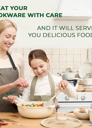 JUST PERFECTO Induction Pots Set - Pan Set with Lid - Induction Pots Set - Pots & Pans Set without PTFE and PFOA - Cookware Pot Set Induction 14Pcs (light beige)